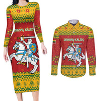 Lithuania Christmas Couples Matching Long Sleeve Bodycon Dress and Long Sleeve Button Shirt Coat Of Arms Linksmu Kaledu - Wonder Print Shop