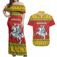 Lithuania Christmas Couples Matching Off Shoulder Maxi Dress and Hawaiian Shirt Coat Of Arms Linksmu Kaledu - Wonder Print Shop