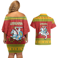 Lithuania Christmas Couples Matching Off Shoulder Short Dress and Hawaiian Shirt Coat Of Arms Linksmu Kaledu - Wonder Print Shop