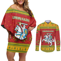 Lithuania Christmas Couples Matching Off Shoulder Short Dress and Long Sleeve Button Shirt Coat Of Arms Linksmu Kaledu - Wonder Print Shop