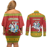 Lithuania Christmas Couples Matching Off Shoulder Short Dress and Long Sleeve Button Shirt Coat Of Arms Linksmu Kaledu - Wonder Print Shop