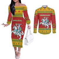 Lithuania Christmas Couples Matching Off The Shoulder Long Sleeve Dress and Long Sleeve Button Shirt Coat Of Arms Linksmu Kaledu
