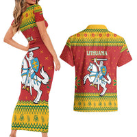 Lithuania Christmas Couples Matching Short Sleeve Bodycon Dress and Hawaiian Shirt Coat Of Arms Linksmu Kaledu - Wonder Print Shop