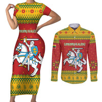 Lithuania Christmas Couples Matching Short Sleeve Bodycon Dress and Long Sleeve Button Shirt Coat Of Arms Linksmu Kaledu - Wonder Print Shop