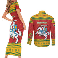 Lithuania Christmas Couples Matching Short Sleeve Bodycon Dress and Long Sleeve Button Shirt Coat Of Arms Linksmu Kaledu - Wonder Print Shop