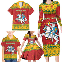 Lithuania Christmas Family Matching Long Sleeve Bodycon Dress and Hawaiian Shirt Coat Of Arms Linksmu Kaledu - Wonder Print Shop