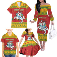 Lithuania Christmas Family Matching Off The Shoulder Long Sleeve Dress and Hawaiian Shirt Coat Of Arms Linksmu Kaledu - Wonder Print Shop