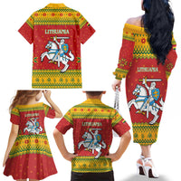 Lithuania Christmas Family Matching Off The Shoulder Long Sleeve Dress and Hawaiian Shirt Coat Of Arms Linksmu Kaledu - Wonder Print Shop