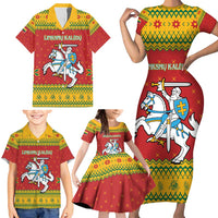Lithuania Christmas Family Matching Short Sleeve Bodycon Dress and Hawaiian Shirt Coat Of Arms Linksmu Kaledu - Wonder Print Shop
