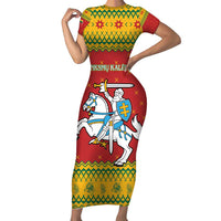 Lithuania Christmas Family Matching Short Sleeve Bodycon Dress and Hawaiian Shirt Coat Of Arms Linksmu Kaledu - Wonder Print Shop
