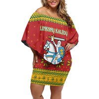 Lithuania Christmas Off Shoulder Short Dress Coat Of Arms Linksmu Kaledu - Wonder Print Shop