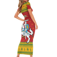 Lithuania Christmas Short Sleeve Bodycon Dress Coat Of Arms Linksmu Kaledu - Wonder Print Shop