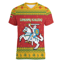 Lithuania Christmas Women V-Neck T-Shirt Coat Of Arms Linksmu Kaledu - Wonder Print Shop