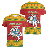 Lithuania Christmas Women V-Neck T-Shirt Coat Of Arms Linksmu Kaledu - Wonder Print Shop