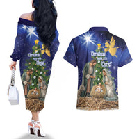 Lithuania Christmas Couples Matching Off The Shoulder Long Sleeve Dress and Hawaiian Shirt Chistmas Begin With Christ - Wonder Print Shop