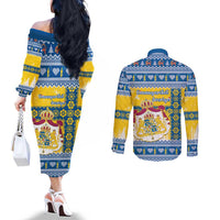 Sweden Christmas Couples Matching Off The Shoulder Long Sleeve Dress and Long Sleeve Button Shirt Coat Of Arms - Scandinavian Pattern