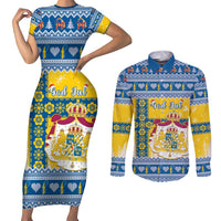 Sweden Christmas Couples Matching Short Sleeve Bodycon Dress and Long Sleeve Button Shirt Coat Of Arms - Scandinavian Pattern - Wonder Print Shop