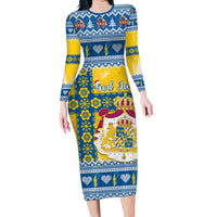 Sweden Christmas Family Matching Long Sleeve Bodycon Dress and Hawaiian Shirt Coat Of Arms - Scandinavian Pattern - Wonder Print Shop