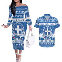 Greece Christmas Couples Matching Off The Shoulder Long Sleeve Dress and Hawaiian Shirt Coat Of Arms Kala Cristouyenna - Wonder Print Shop