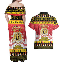 Belgium Christmas Couples Matching Off Shoulder Maxi Dress and Hawaiian Shirt Coat Of Arms Vrolijk Kerstfeest - Wonder Print Shop