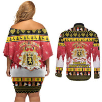 Belgium Christmas Couples Matching Off Shoulder Short Dress and Long Sleeve Button Shirt Coat Of Arms Vrolijk Kerstfeest - Wonder Print Shop