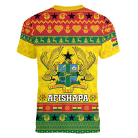 Ghana Christmas Women V-Neck T-Shirt Coat Of Arms Afishapa - Wonder Print Shop