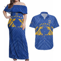 Custom Kosovo Football 2026 Couples Matching Off Shoulder Maxi Dress and Hawaiian Shirt Rising Nation Blue Gold - Wonder Print Shop