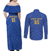 Custom Kosovo Football 2026 Couples Matching Off Shoulder Maxi Dress and Long Sleeve Button Shirt Rising Nation Blue Gold - Wonder Print Shop