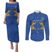 Custom Kosovo Football 2026 Couples Matching Puletasi and Long Sleeve Button Shirt Rising Nation Blue Gold - Wonder Print Shop