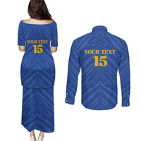 Custom Kosovo Football 2026 Couples Matching Puletasi and Long Sleeve Button Shirt Rising Nation Blue Gold - Wonder Print Shop