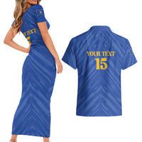 Custom Kosovo Football 2026 Couples Matching Short Sleeve Bodycon Dress and Hawaiian Shirt Rising Nation Blue Gold - Wonder Print Shop