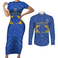 Custom Kosovo Football 2026 Couples Matching Short Sleeve Bodycon Dress and Long Sleeve Button Shirt Rising Nation Blue Gold - Wonder Print Shop