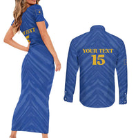 Custom Kosovo Football 2026 Couples Matching Short Sleeve Bodycon Dress and Long Sleeve Button Shirt Rising Nation Blue Gold - Wonder Print Shop