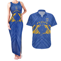 Custom Kosovo Football 2026 Couples Matching Tank Maxi Dress and Hawaiian Shirt Rising Nation Blue Gold - Wonder Print Shop
