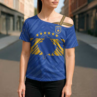 Custom Kosovo Football 2026 Cross Shoulder Shirt Rising Nation Blue Gold - Wonder Print Shop