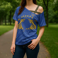 Custom Kosovo Football 2026 Cross Shoulder Shirt Rising Nation Blue Gold - Wonder Print Shop
