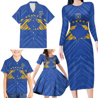Custom Kosovo Football 2026 Family Matching Long Sleeve Bodycon Dress and Hawaiian Shirt Rising Nation Blue Gold - Wonder Print Shop