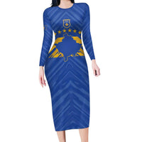 Custom Kosovo Football 2026 Family Matching Long Sleeve Bodycon Dress and Hawaiian Shirt Rising Nation Blue Gold - Wonder Print Shop