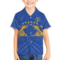 Custom Kosovo Football 2026 Family Matching Long Sleeve Bodycon Dress and Hawaiian Shirt Rising Nation Blue Gold - Wonder Print Shop