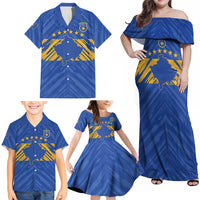 Custom Kosovo Football 2026 Family Matching Off Shoulder Maxi Dress and Hawaiian Shirt Rising Nation Blue Gold - Wonder Print Shop
