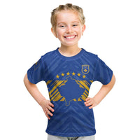 Custom Kosovo Football 2026 Kid T Shirt Rising Nation Blue Gold - Wonder Print Shop