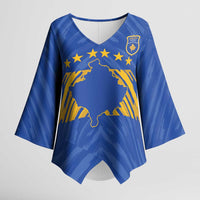 Custom Kosovo Football 2026 Kimono Sleeve Blouse Rising Nation Blue Gold - Wonder Print Shop