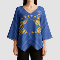 Custom Kosovo Football 2026 Kimono Sleeve Blouse Rising Nation Blue Gold - Wonder Print Shop