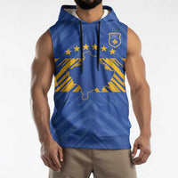 Custom Kosovo Football 2026 Sleeveless Hoodie Rising Nation Blue Gold - Wonder Print Shop