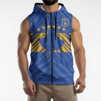 Custom Kosovo Football 2026 Sleeveless Zip Hoodie Rising Nation Blue Gold - Wonder Print Shop