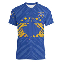 Custom Kosovo Football 2026 Women V-Neck T-Shirt Rising Nation Blue Gold - Wonder Print Shop