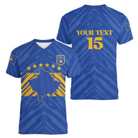 Custom Kosovo Football 2026 Women V-Neck T-Shirt Rising Nation Blue Gold - Wonder Print Shop