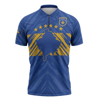 Custom Kosovo Football 2026 Zipper Polo Shirt Rising Nation Blue Gold - Wonder Print Shop
