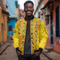 Custom Ghana Football Sleeve Zip Bomber Jacket Yellow Adinkra Pattern - Wonder Print Shop