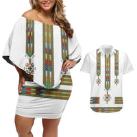 Ethiopian Traditional Habesha Costume Couples Matching Off Shoulder Short Dress and Hawaiian Shirt Cross With Tilet Pattern